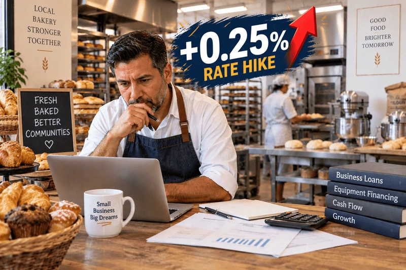 Small bakery owner reviewing business finances after an interest rate increase