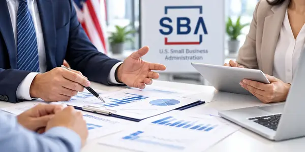 Small business professionals reviewing financing documents and business loan information